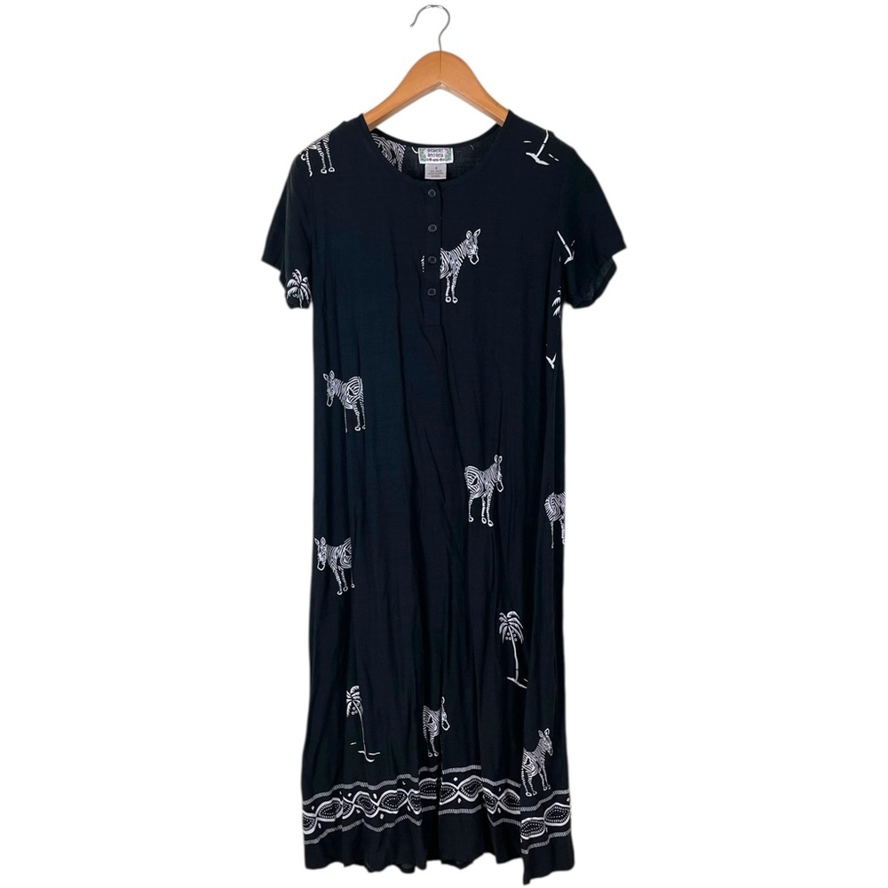 Desert Shores Zebra Palm Tree Midi Dress Women’s Size Small Black White Vacation